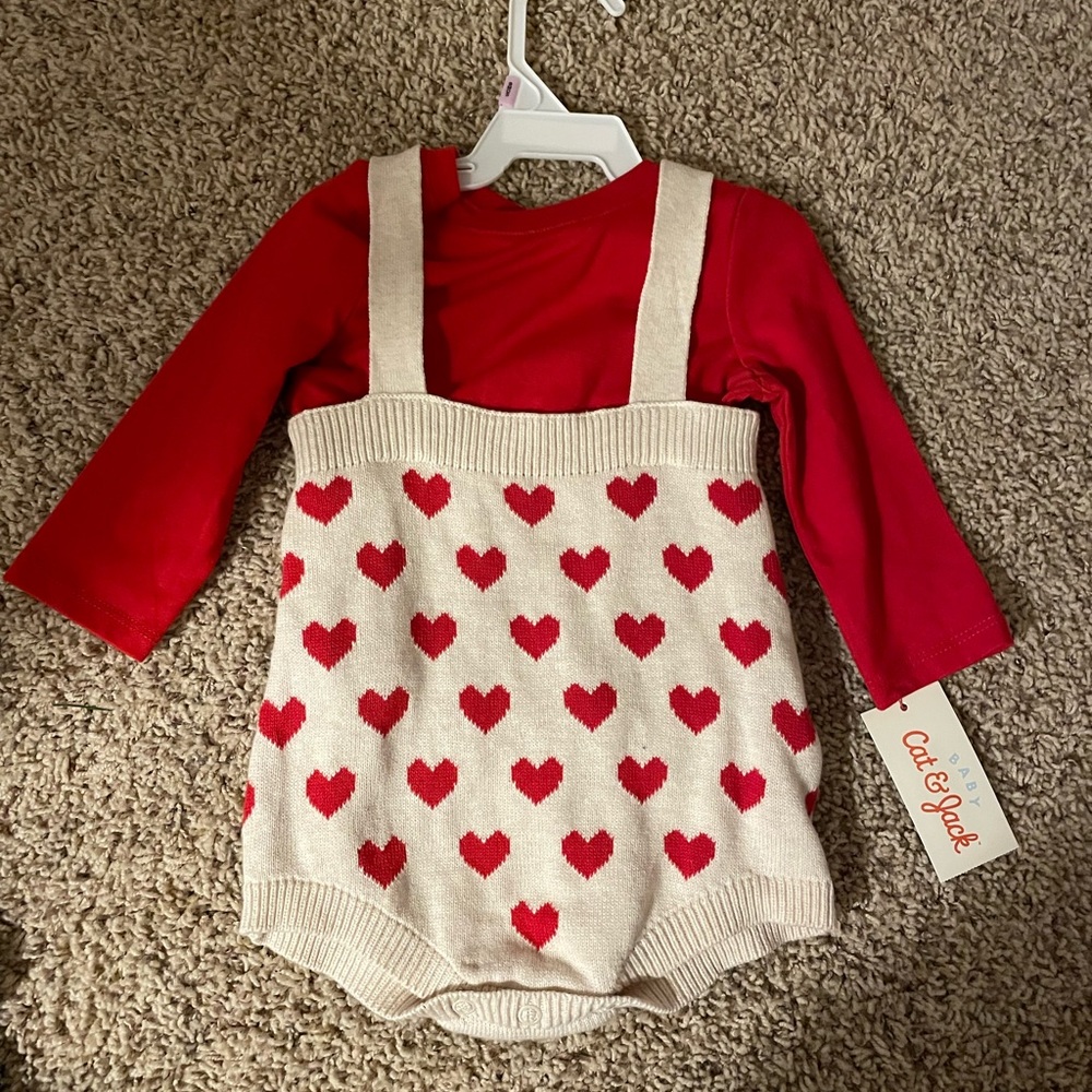 NWT Heart Outfit, 2 Pieces, Red Blouse, Heart Overalls
